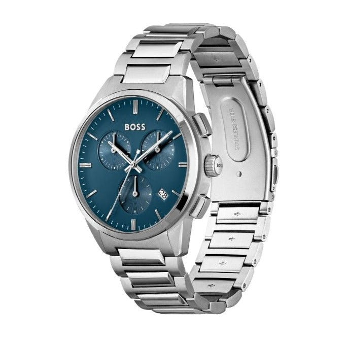 Hugo Boss Dapper Chronograph Blue Dial Silver Steel Strap Watch For Men - 1513927