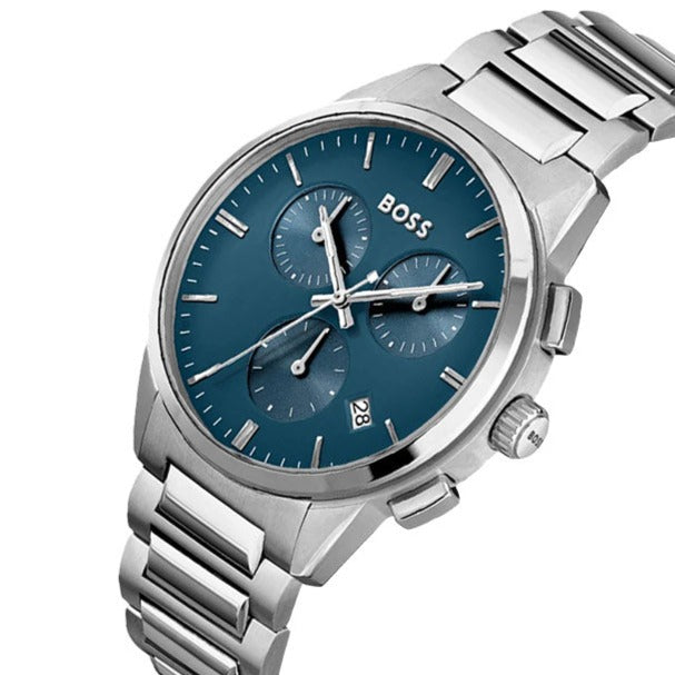 Hugo Boss Dapper Chronograph Blue Dial Silver Steel Strap Watch For Men - 1513927