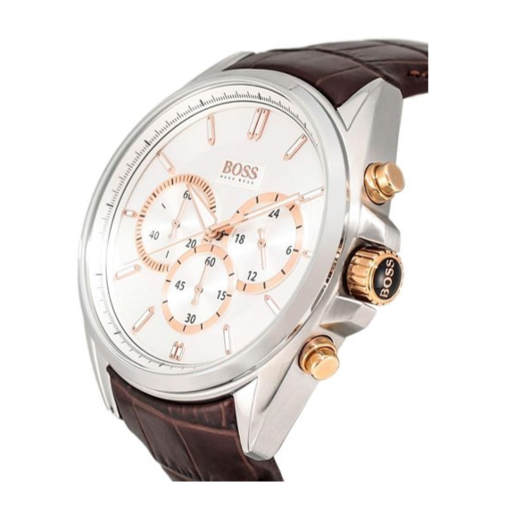 Hugo Boss Driver Chronograph Silver Dial Brown Leather Strap Watch For Men - 1512881