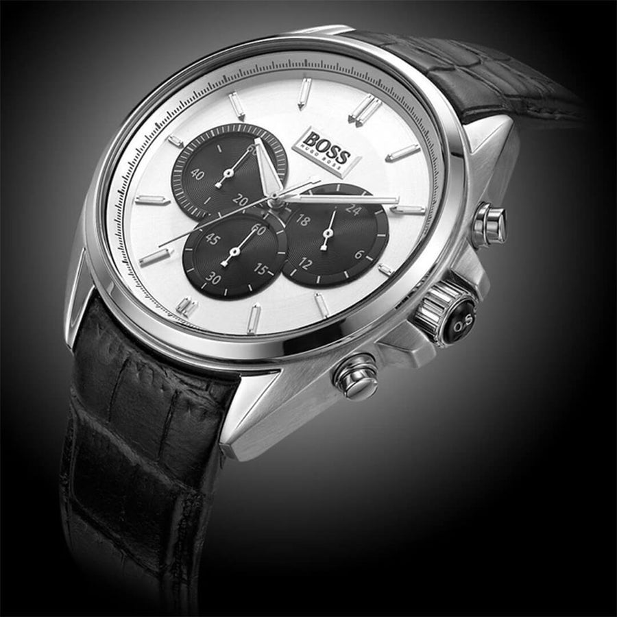 Hugo Boss Driver Chronograph Quartz Silver Dial Black Leather Strap Watch For Men - 1512880