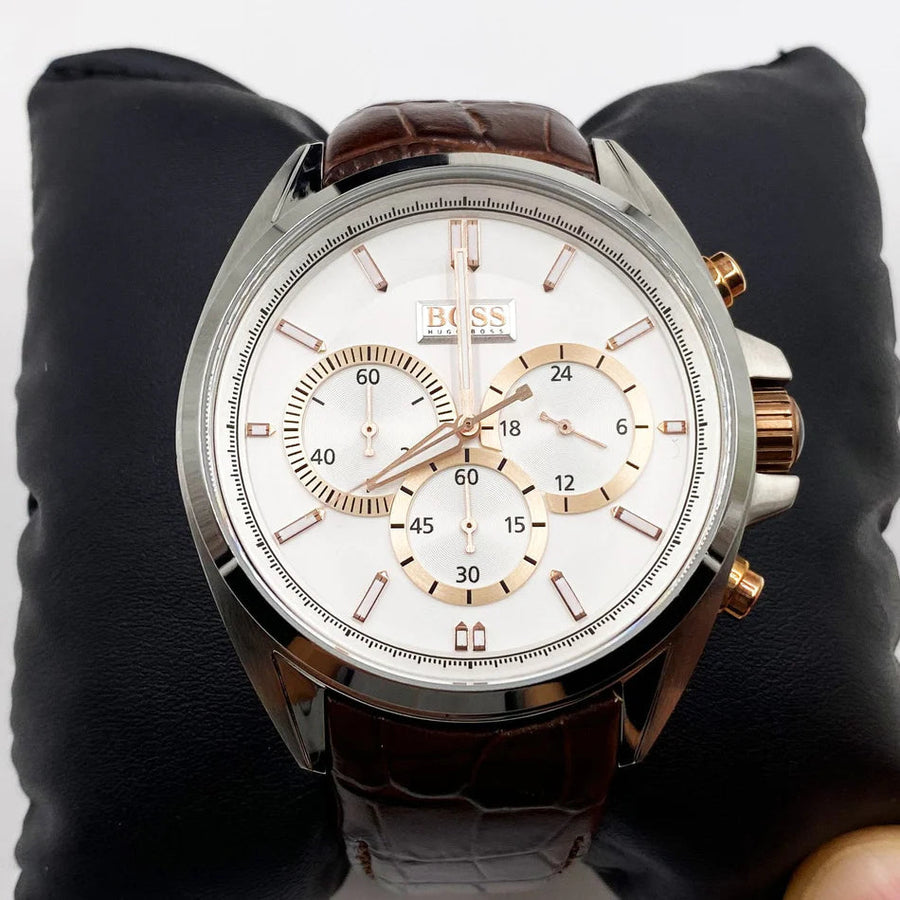 Hugo Boss Driver Quartz Silver Dial Brown Leather Strap Watch For Men - HB1512881