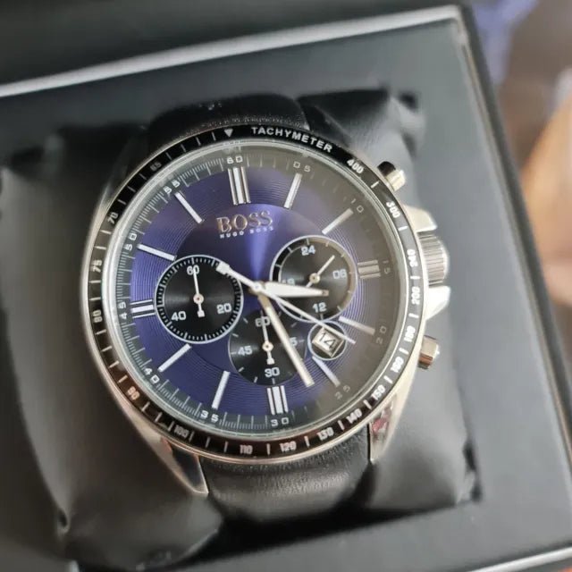 Hugo Boss Driver Sport Chronograph Blue Dial Black Leather Strap Watch for Men - 1513077
