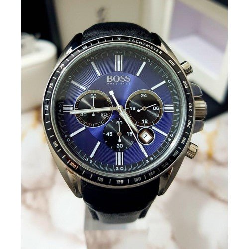 Hugo Boss Driver Sport Chronograph Blue Dial Black Leather Strap Watch for Men - 1513077