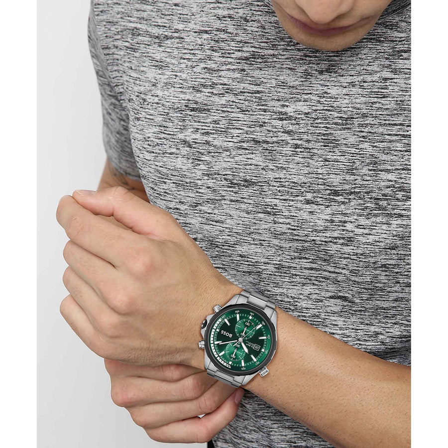 Hugo Boss Globetrotter Green Dial Silver Steel Strap Watch for Men - 1513930