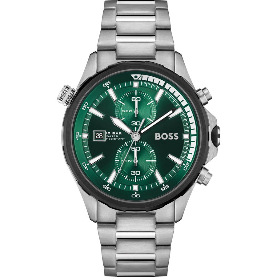 Hugo Boss Globetrotter Green Dial Silver Steel Strap Watch for Men - 1513930
