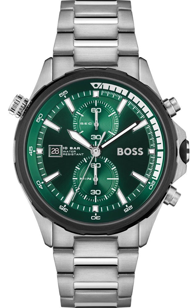 Hugo Boss Globetrotter Green Dial Silver Steel Strap Watch for Men - 1513930