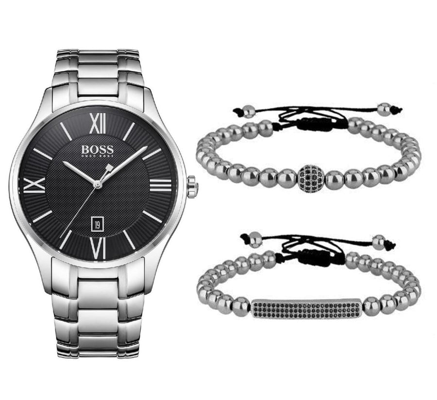 Hugo Boss Governer Black Dial Silver Steel Strap Watch for Men - 1513488