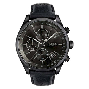 Hugo Boss Grand Prix Black Dial Black Leather Strap Watch for Men - 1513474