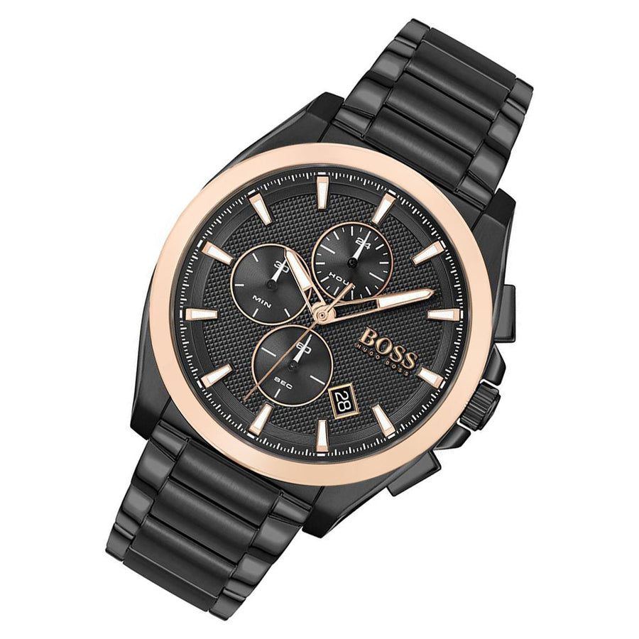 Hugo Boss Grand Prix Black Dial Black Steel Strap Watch for Men - 1513578
