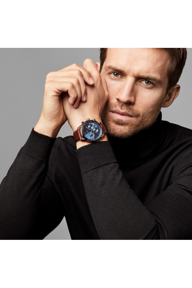 Hugo Boss Grand Prix Blue Dial Brown Leather Strap Watch for Men - 1513604