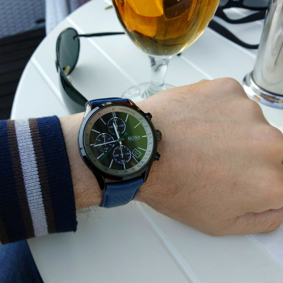 Hugo Boss Grand Prix Chronograph Black Dial Blue Leather Strap Watch for Men - 1513563