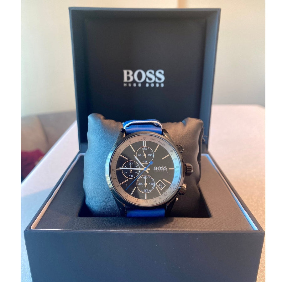 Hugo Boss Grand Prix Chronograph Black Dial Blue Leather Strap Watch for Men - 1513563