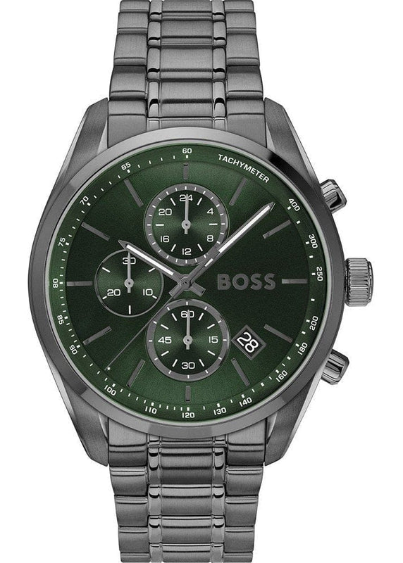 Hugo Boss Grand Prix Chronograph Green Dial Gunmetal Grey Steel Strap Watch for Men - 1514228