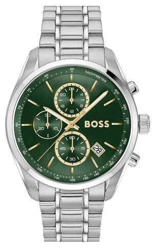 Hugo Boss Grand Prix Chronograph Green Dial Silver Steel Strap Watch for Men - 1514266