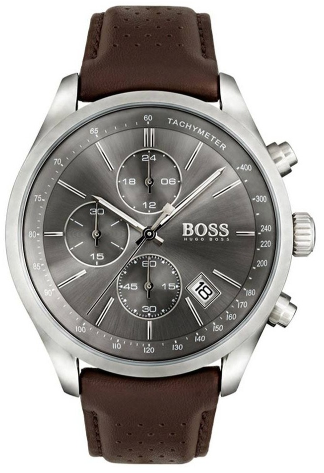 Hugo Boss Grand Prix Grey Dial Brown Leather Strap Watch for Men -  1513476