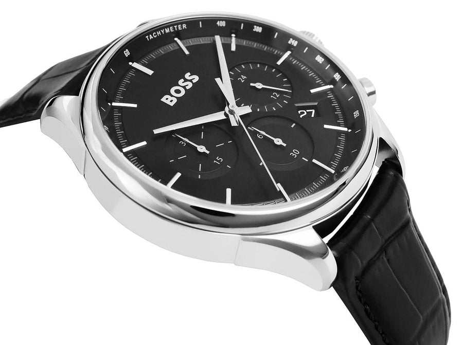 Hugo Boss Gregor Chronograph Black Dial Black Leather Strap Watch for Men - 1514049