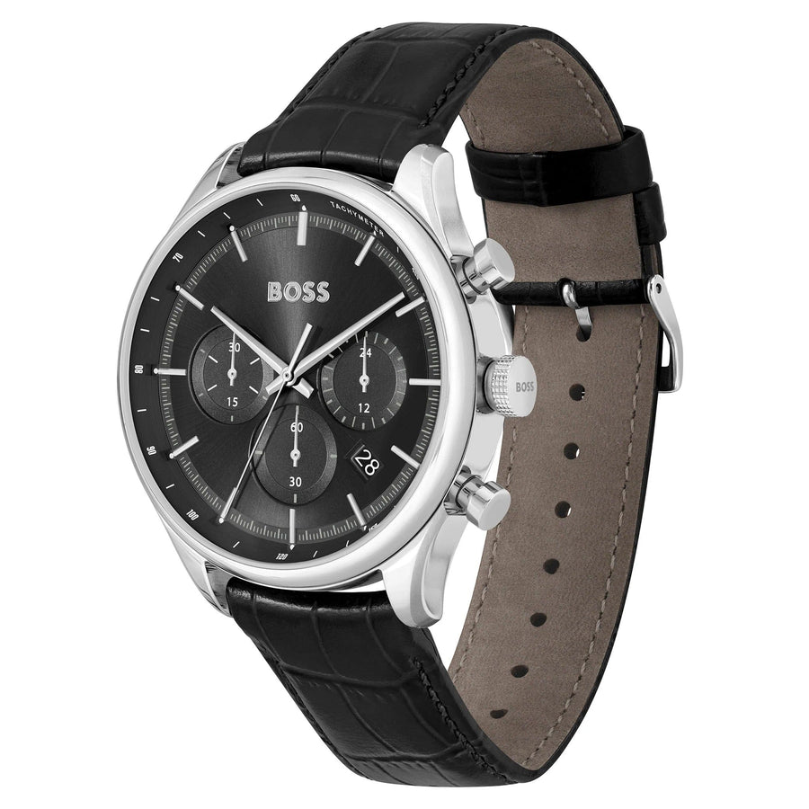 Hugo Boss Gregor Chronograph Black Dial Black Leather Strap Watch for Men - 1514049