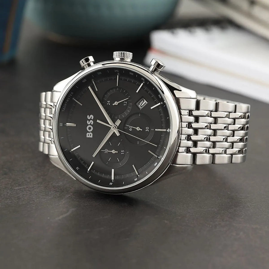 Hugo Boss Gregor Chronograph Black Dial Silver Steel Strap Watch For Men - 1514082