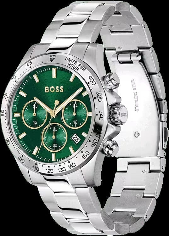 Hugo Boss Hero Chronograph Green Dial Silver Steel Strap Watch for Men - 1514217