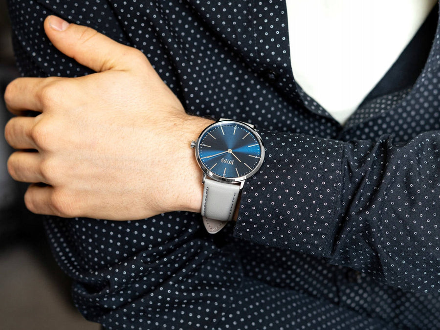 Hugo Boss Horizon Blue Dial Grey Leather Strap Watch for Men - 1513539
