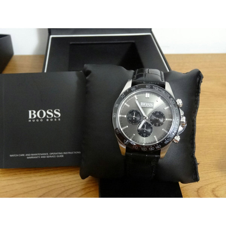 Hugo Boss Ikon Grey Dial Black Leather Strap Watch for Men - 1513177