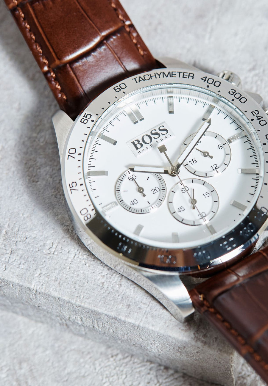 Hugo Boss Ikon White Dial Brown Leather Strap Watch for Men - 1513175