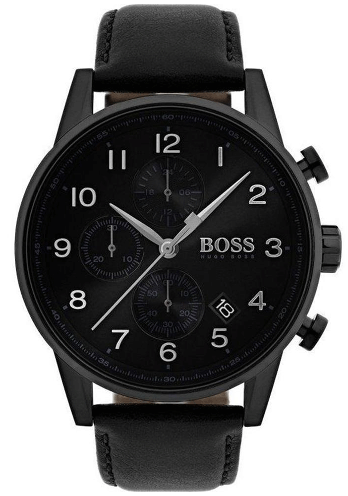 Hugo Boss Navigator Black Dial Black Leather Strap Watch for Men - 1513497