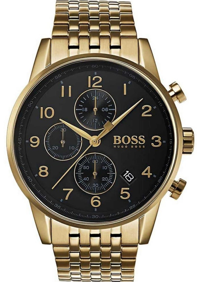 Hugo Boss Navigator Black Dial Gold Steel Strap Watch for Men - 1513531