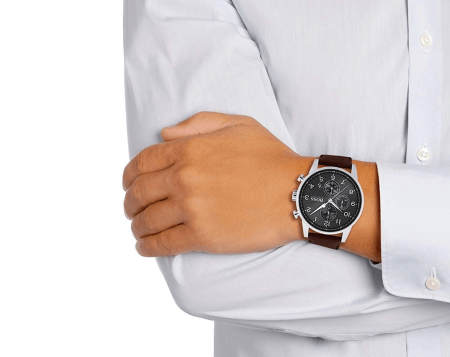 Hugo Boss Navigator Grey Dial Brown Leather Strap Watch for Men - 1513494
