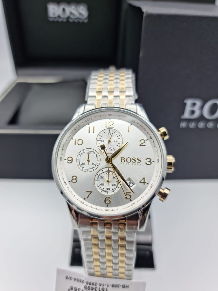 Hugo Boss Navigator White Dial Two Tone Steel Strap Watch for Men - 1513499
