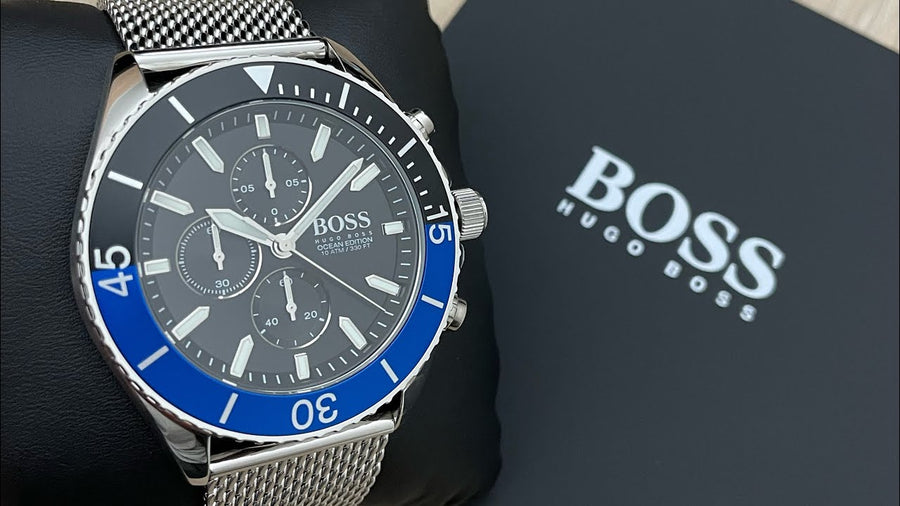 Hugo Boss Ocean Edition Black Dial Silver Mesh Strap Watch for Men - 1513742