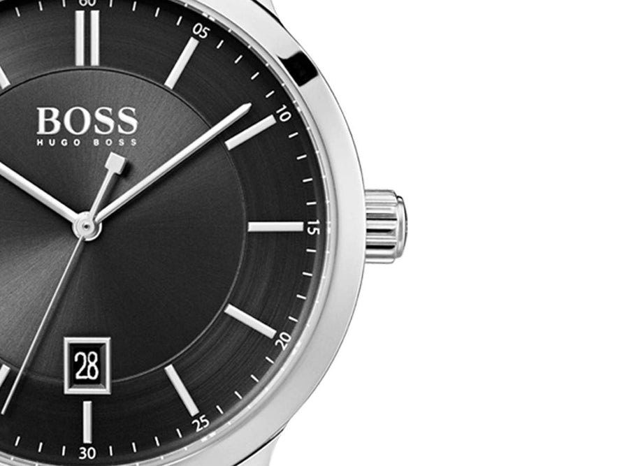 Hugo Boss Officer Black Dial Silver Steel Strap Watch for Men - 1513614