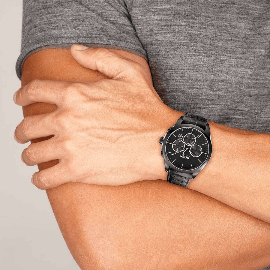 Hugo Boss Onyx Black Dial Black Leather Strap Watch for Men - 1513367