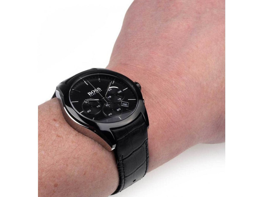 Hugo Boss Onyx Black Dial Black Leather Strap Watch for Men - 1513367