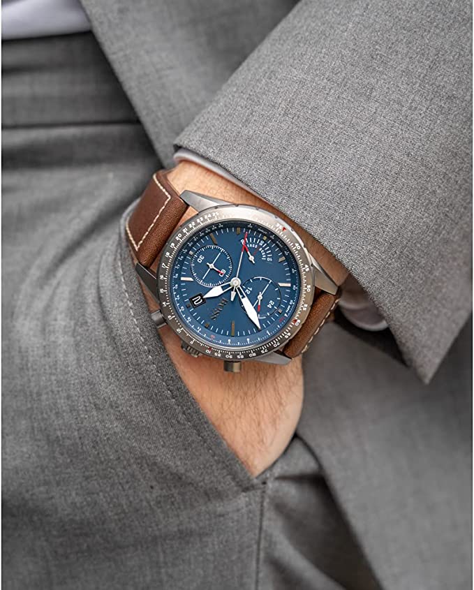 Hugo Boss Pilot Edition Blue Dial Brown Leather Strap Watch for Men - 1513852