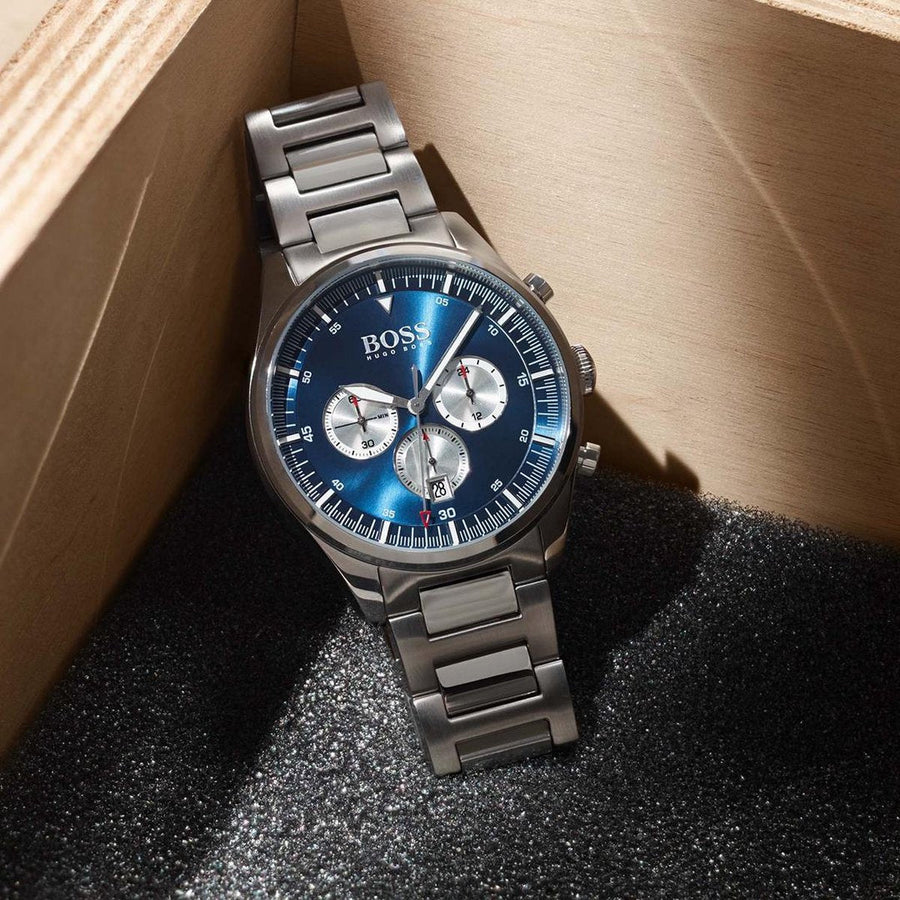 Hugo Boss Pioneer Blue Dial Silver Steel Strap Watch for Men - 1513713