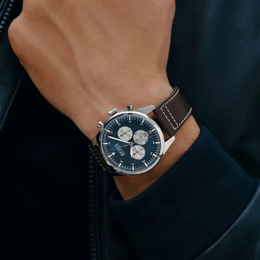 Hugo Boss Pioneer Chronograph Blue Dial Brown Leather Strap Watch For Men - 1513709