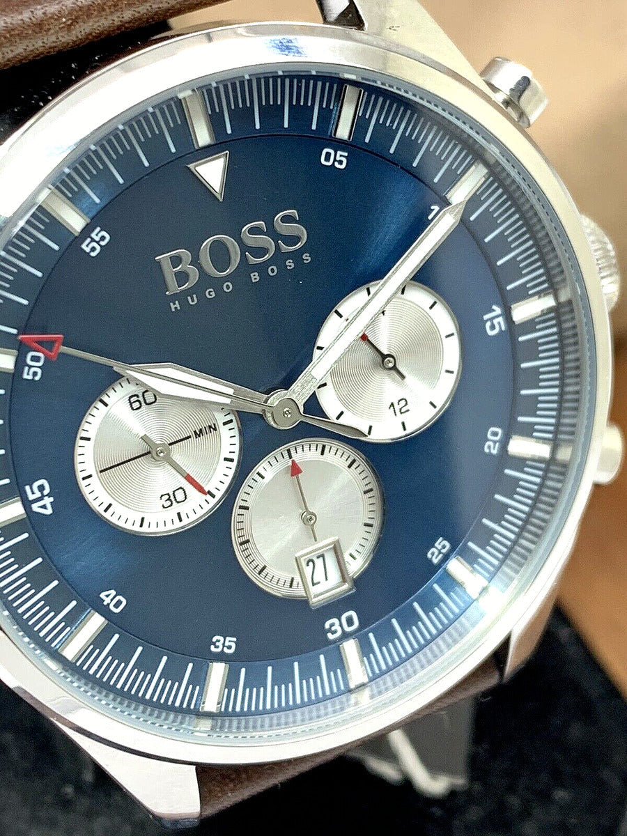 Hugo Boss Pioneer Chronograph Blue Dial Brown Leather Strap Watch For Men - 1513709