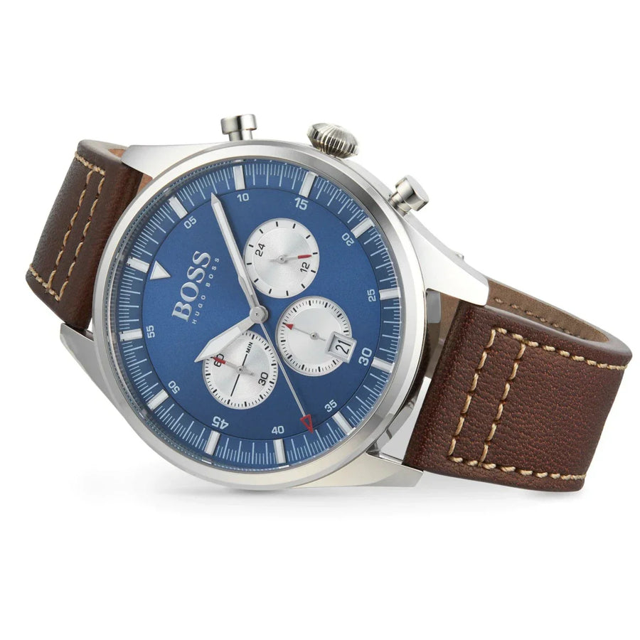 Hugo Boss Pioneer Chronograph Blue Dial Brown Leather Strap Watch For Men - 1513709