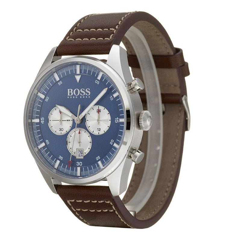 Hugo Boss Pioneer Chronograph Blue Dial Brown Leather Strap Watch For Men - 1513709