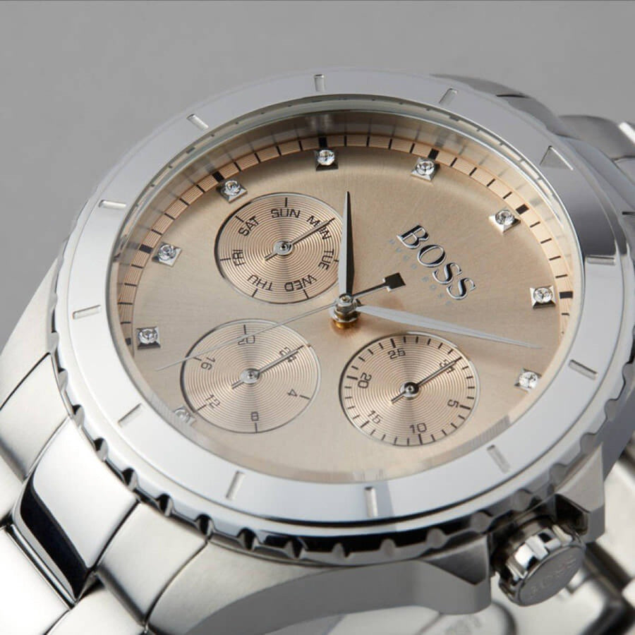 Hugo Boss Premiere Rose Gold Dial Silver Steel Strap Watch for Women - 1502444