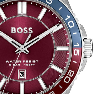 Hugo Boss Runner 3H Burgundy Dial Silver Steel Strap Watch for Men - 1514209