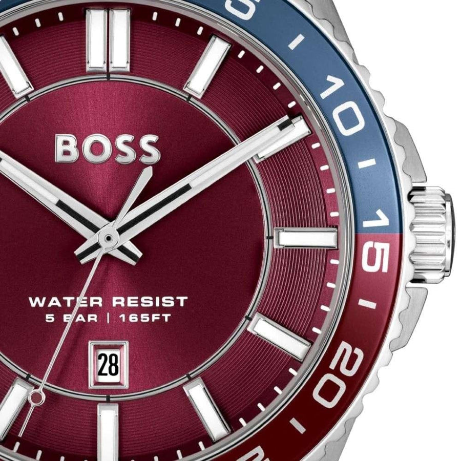 Hugo Boss Runner 3H Burgundy Dial Silver Steel Strap Watch for Men - 1514209