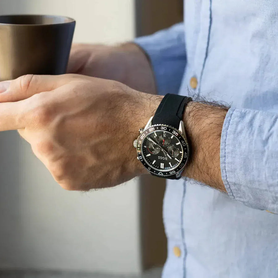 Hugo Boss Runner Chronograph Black Dial Black Silicone Strap Watch for Men - 1514141