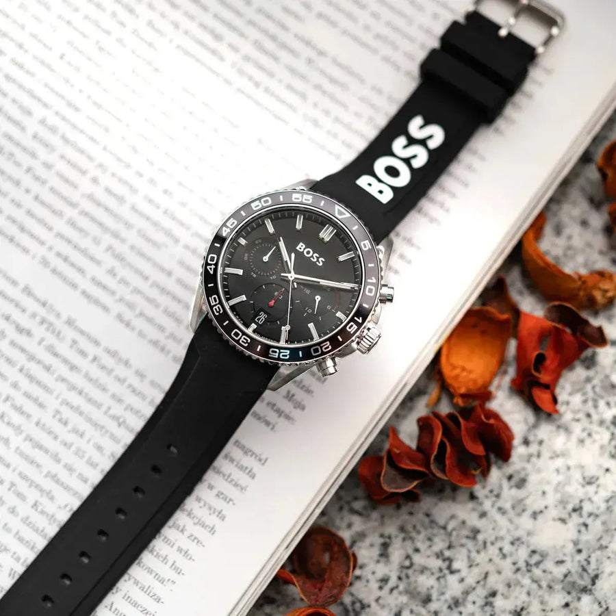 Hugo Boss Runner Chronograph Black Dial Black Silicone Strap Watch for Men - 1514141