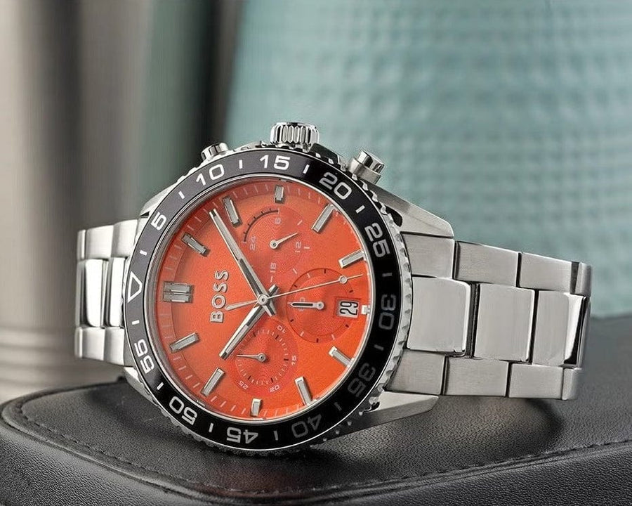 Hugo Boss Runner Chronograph Orange Dial Silver Steel Strap Watch for Men - 1514162