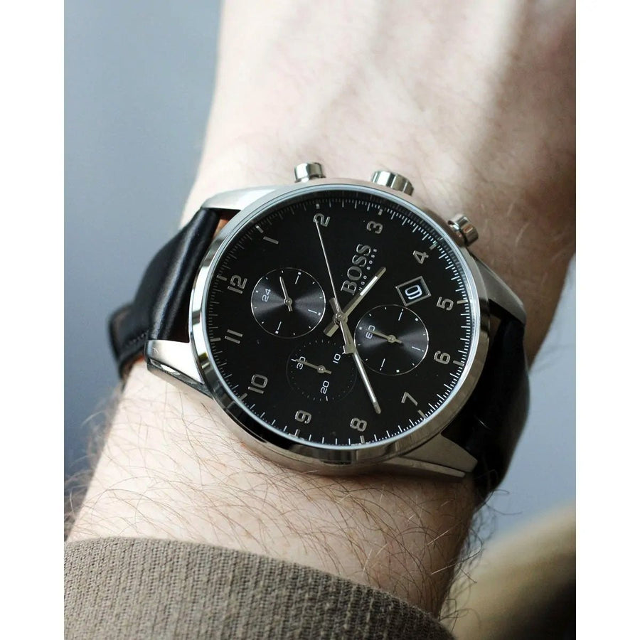 Hugo Boss Skymaster Black Dial Black Leather Strap Watch for Men - 1513782