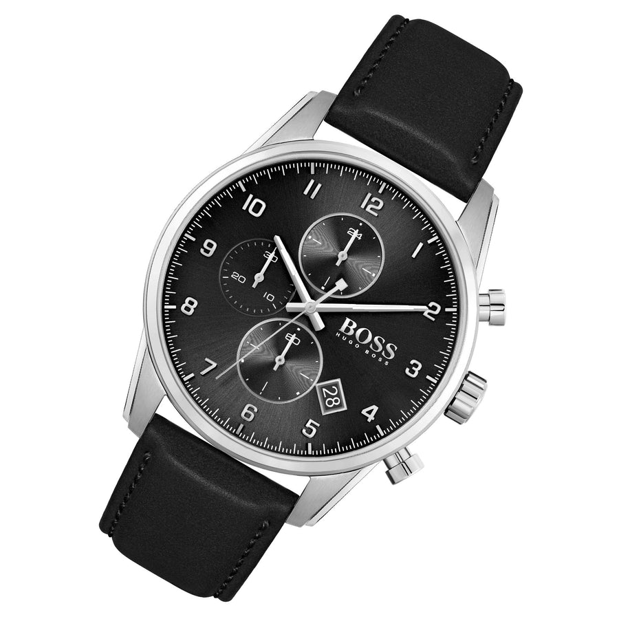 Hugo Boss Skymaster Black Dial Black Leather Strap Watch for Men - 1513782