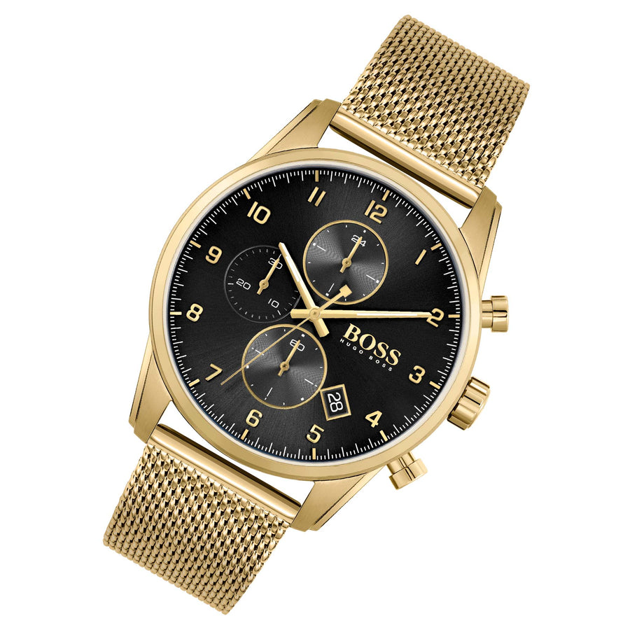 Hugo Boss Skymaster Black Dial Gold Mesh Bracelet Watch for Men - 1513838