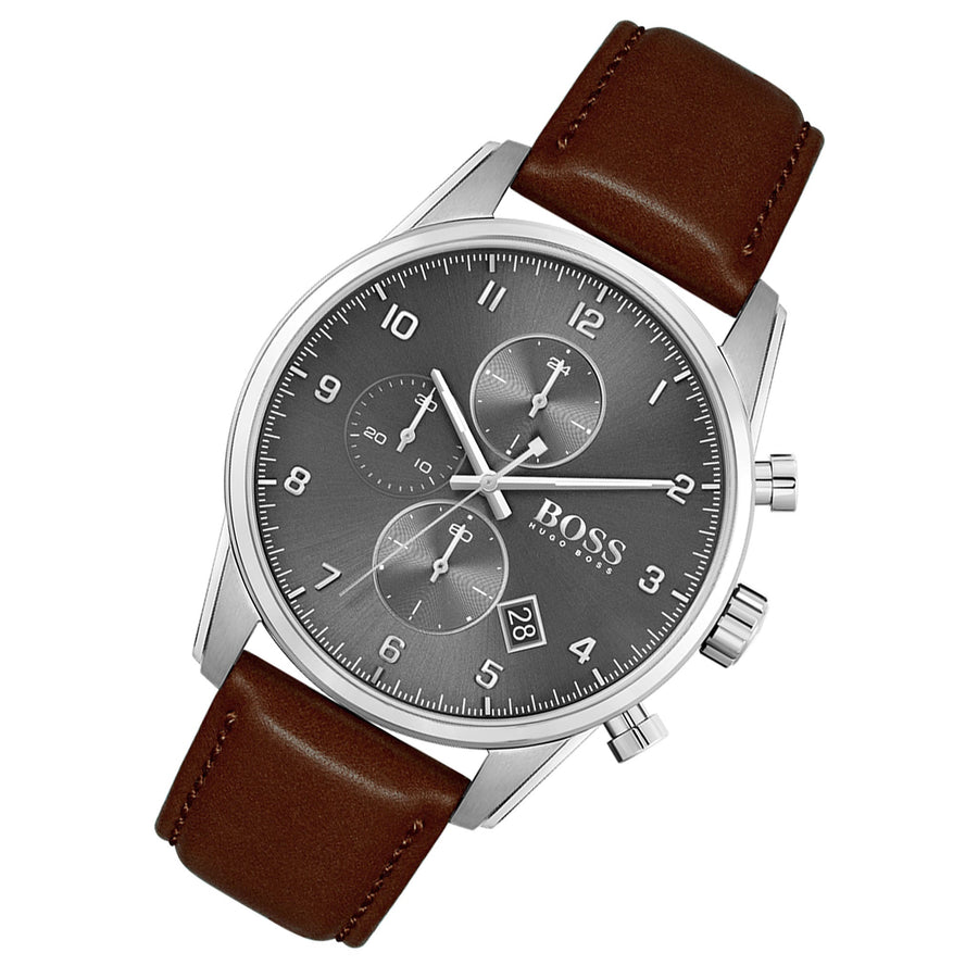 Hugo Boss Skymaster Grey Dial Brown Leather Strap Watch for Men - 1513787
